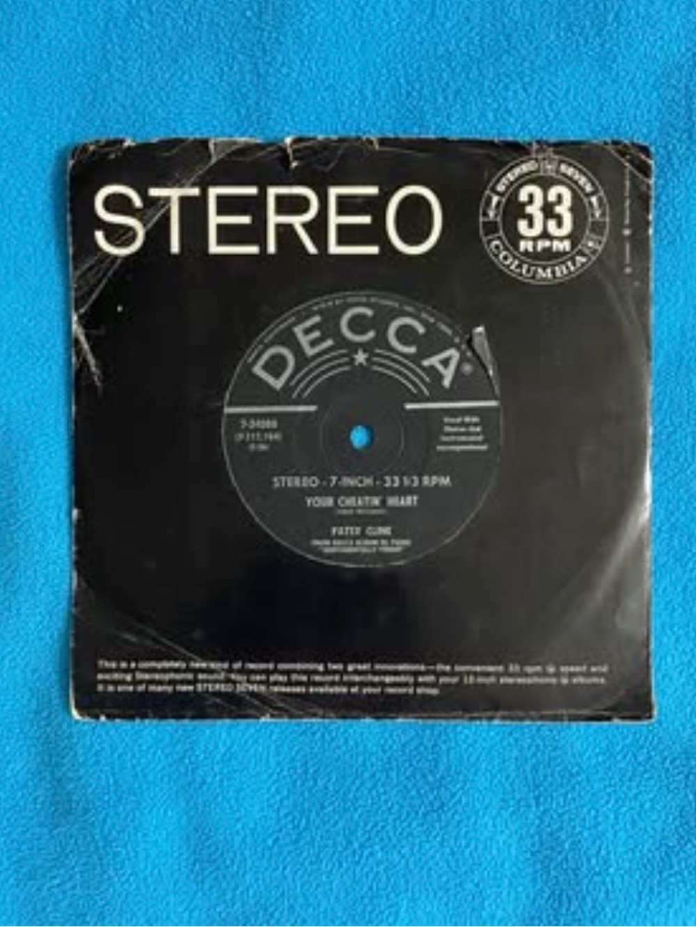 VINTAGE PATSY CLINE “YOUR CHEATIN’ HEART” 33 1/3 RPM VINYL RECORD